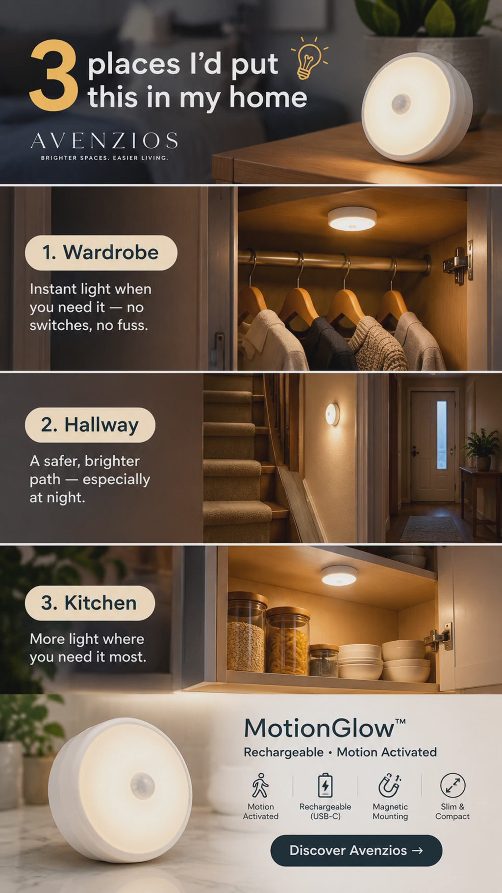 Avenzios™ MotionGlow Rechargeable LED Light